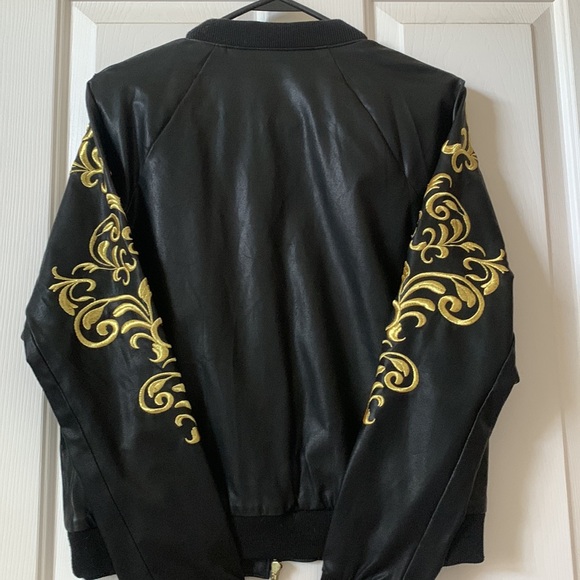 Faux leather bomber jacket with golden stitching embellishments - Picture 2 of 2